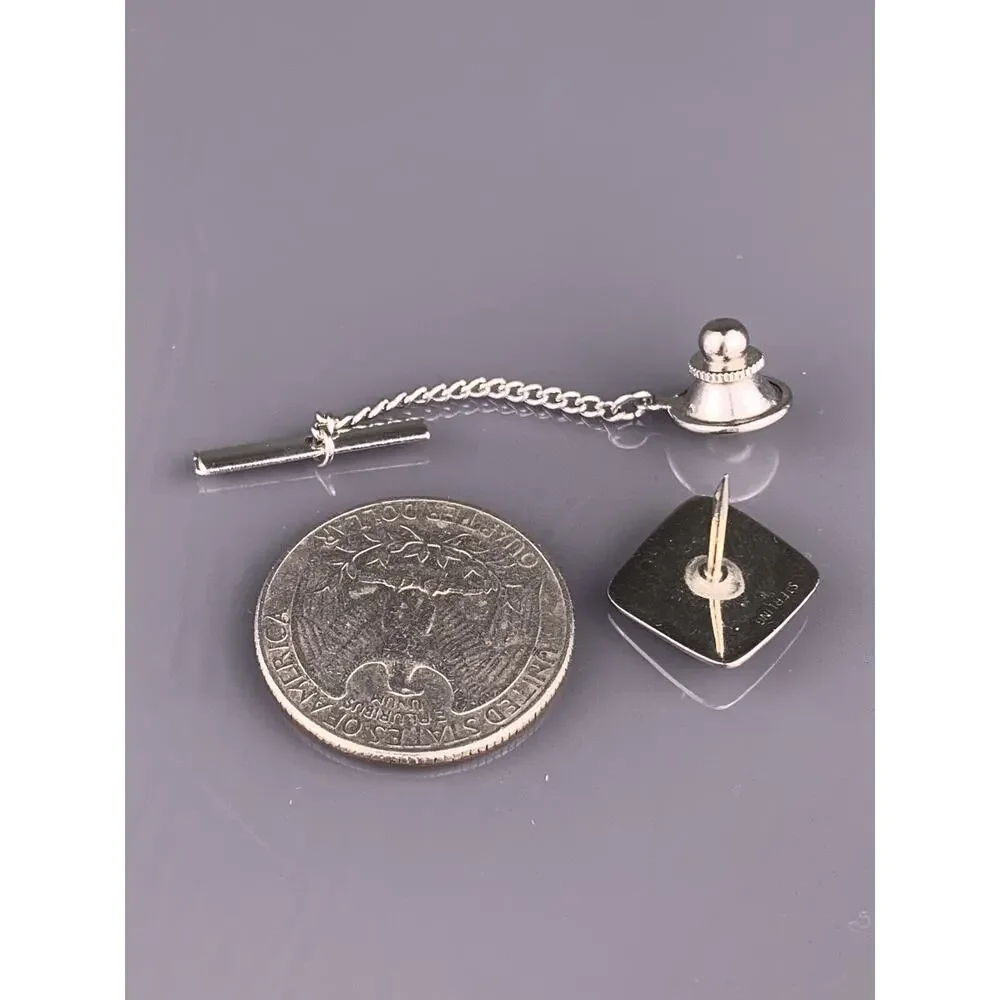 Black Obsidian Sterling Silver Tie Tack Pin Square Simple Carved Vintage